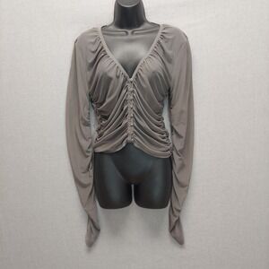Y2K Mesh Ruched Button Front Top Women XL Gray Fairy Grunge Coquette Stretch